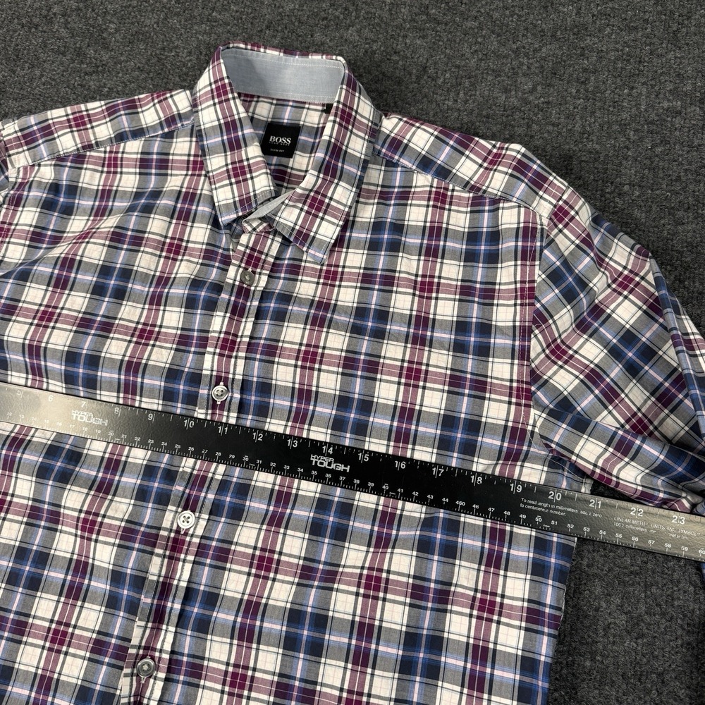 Hugo Boss Mens Slim fit Long Sleeve Button-Up Shirt Large Cream Purple Plaid EUC - Picture 6 of 8